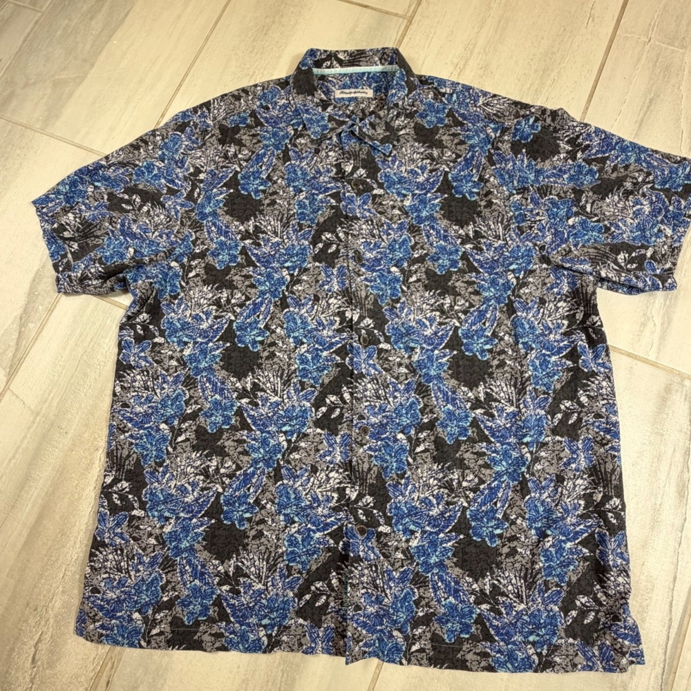Tommy Bahama Mens XXL Silk Coolmax Floral Short Sleeve Button Down Shirt Blue